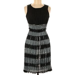 Viviana Uchitel Swing Dress Black Metallic Aqua Silver Gray Pleated $560 EUC